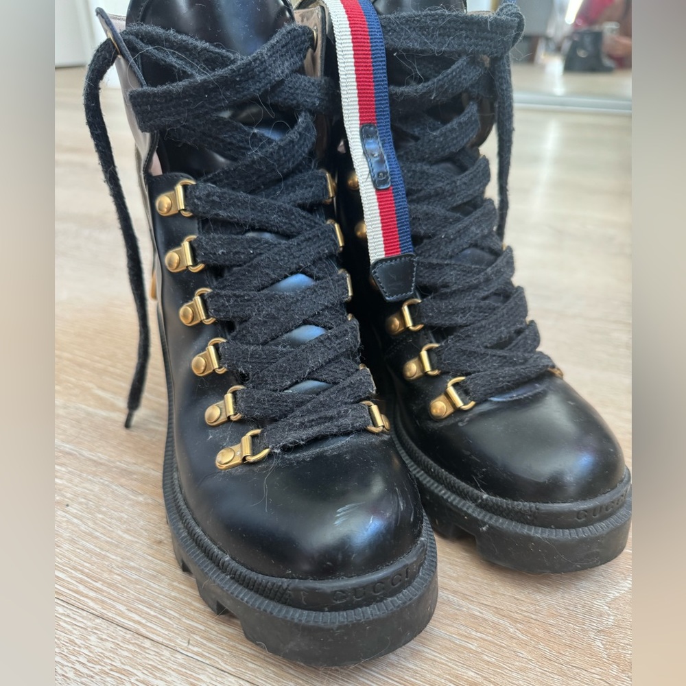Gucci Calfskin Sylvie Web Womens Lace Up Combat Boots size 36 black - Picture 3 of 6